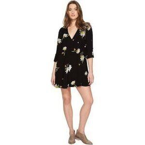 Free People Black Floral V-Neck Dress Bell Sleeves Boho Cottage Core Feminine